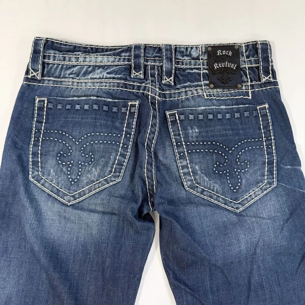 Rock Revival Mason Jeans Sz 33 Blue Distressed Bootcut Denim Y2K Grunge Festival - Picture 5 of 13